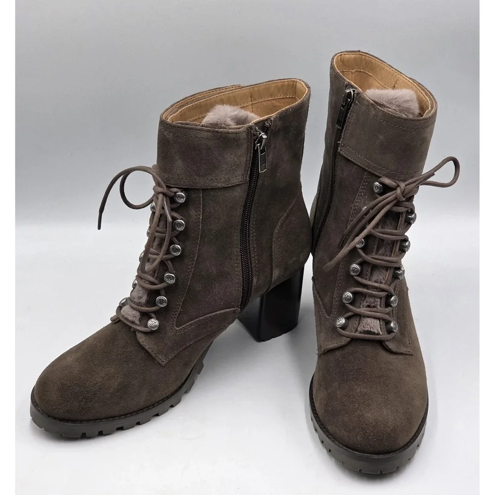 Johnston Murphy Suede Fur Lined‎ Lace Up Block Heel Ankle Boots Women's 8.5M